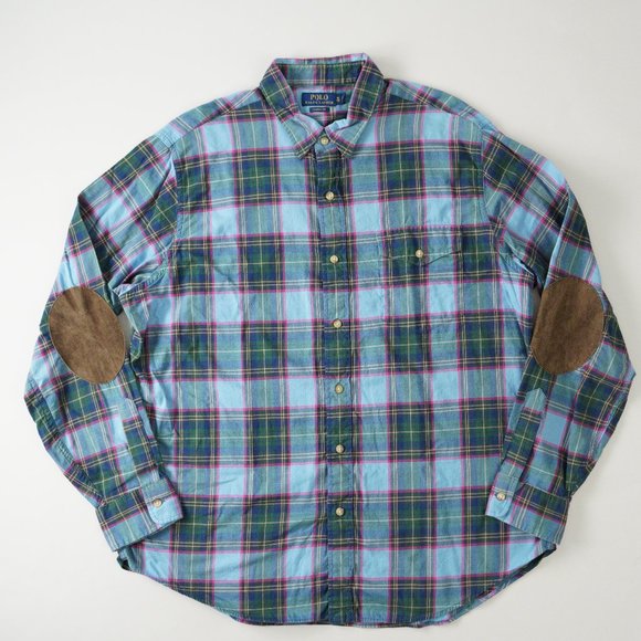 Polo Ralph Lauren Whitfield Elbow Patch Shirt Classic Fit Plaid Blue Men Sz XL - Picture 1 of 14